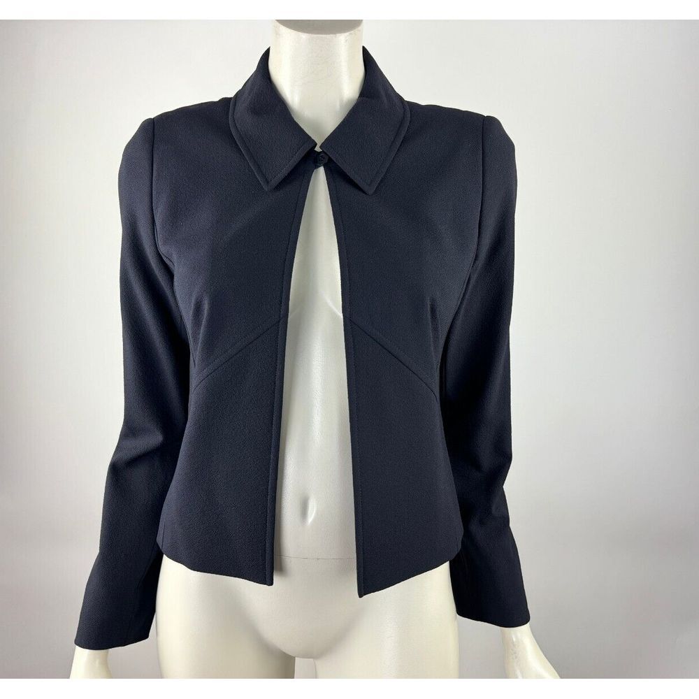 Escada Crop Wool Jacket Women 34 EUC Long Sleeve Lined Navy One Button Blazer